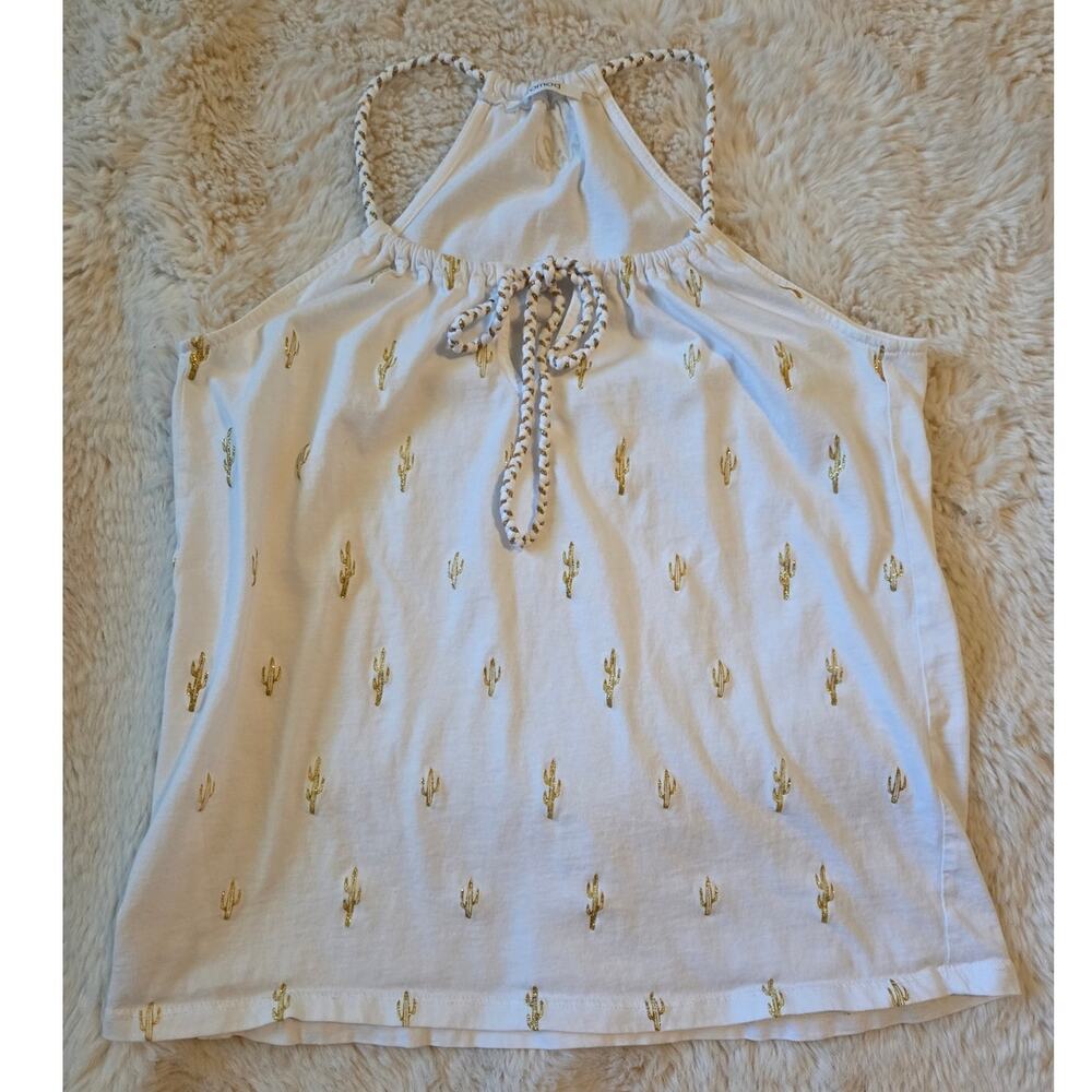 Promod halter Neck Tank with Gold Cactus Pattern French Fashion Brand Medium